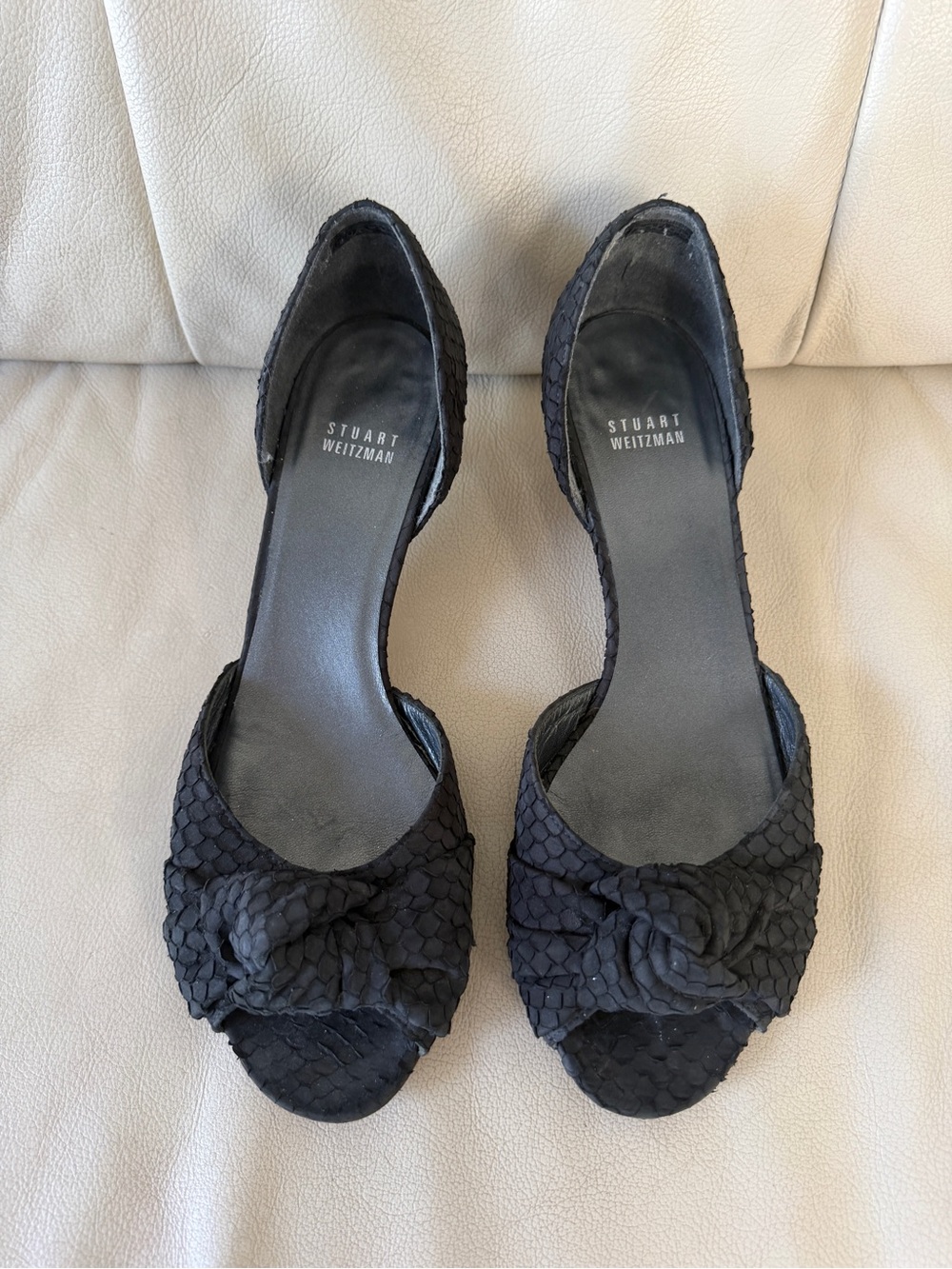 Stuart Weitzman Black Snakeskin D'Orsay Kitten Heels Bow Peep Toe Shoes